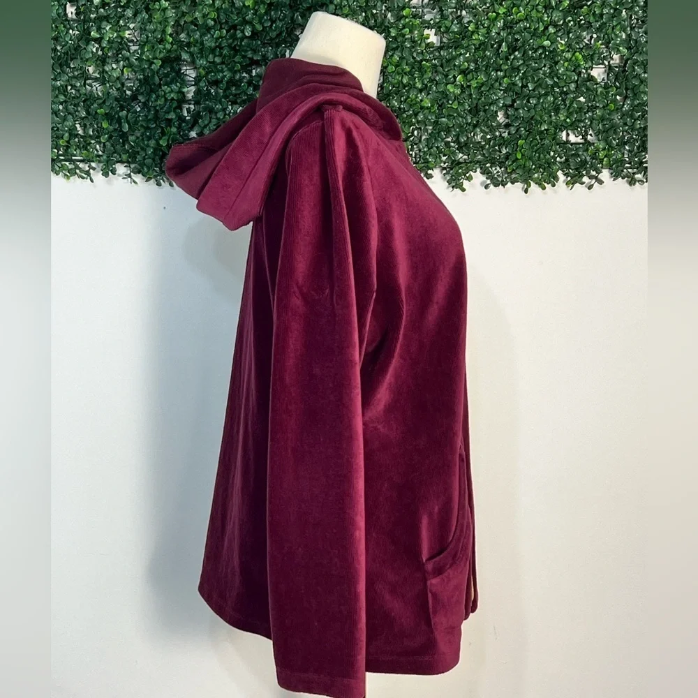 Susan Graver Velvet Burgundy Zip Up Hooded Sweater Jacket Cotton Size Large - Picture 4 of 13